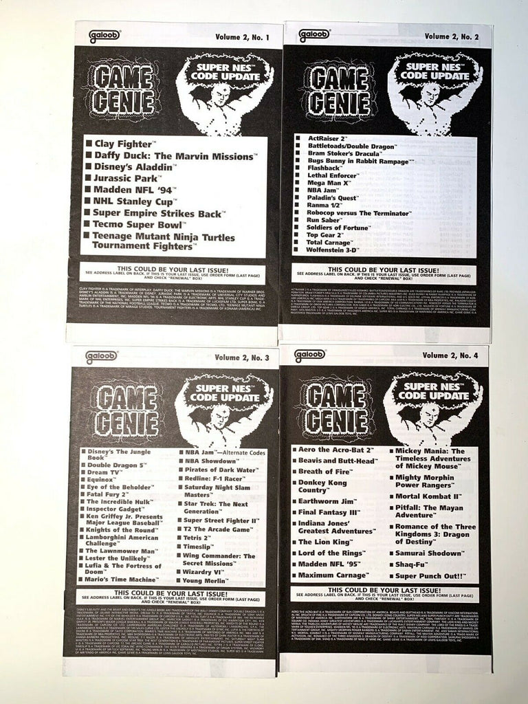 Super Nintendo SNES Game Genie Code Update Books - Vol. 2 No 1 2 3 & 4 RARE!