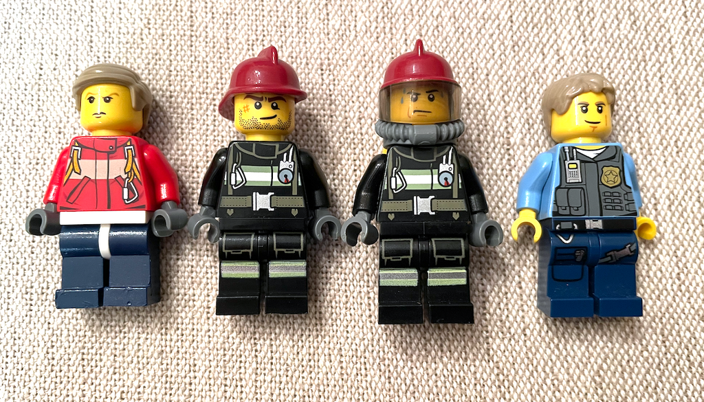 4 LEGO TOWN CITY MINIFIGURES 3 Fire Fighters & 1 Police Officer Guys