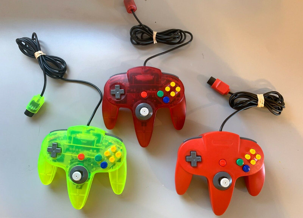 Lot of 3 Nintendo 64 N64 Controllers Electric Green & Red Tested + Working!