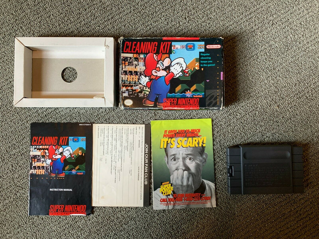 Super Nintendo Cleaning Kit Complete w/ Mario Box Manual & SNES Cleaner