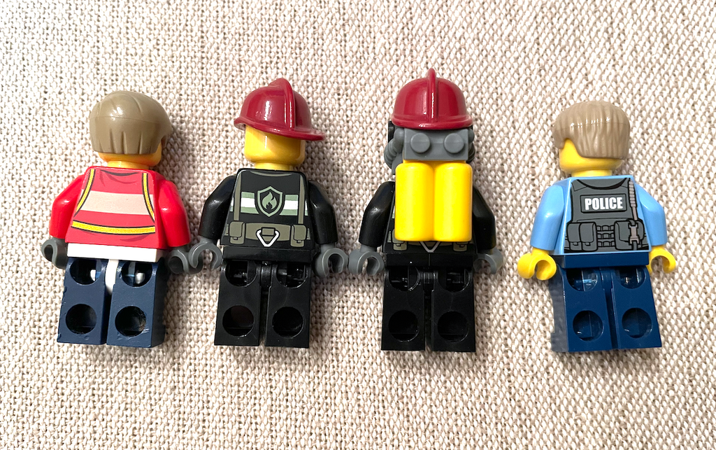 4 LEGO TOWN CITY MINIFIGURES 3 Fire Fighters & 1 Police Officer Guys