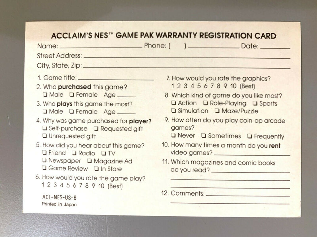 Acclaim ACL-NES-US-6 NES Nintendo Registration Card Only Post Promo