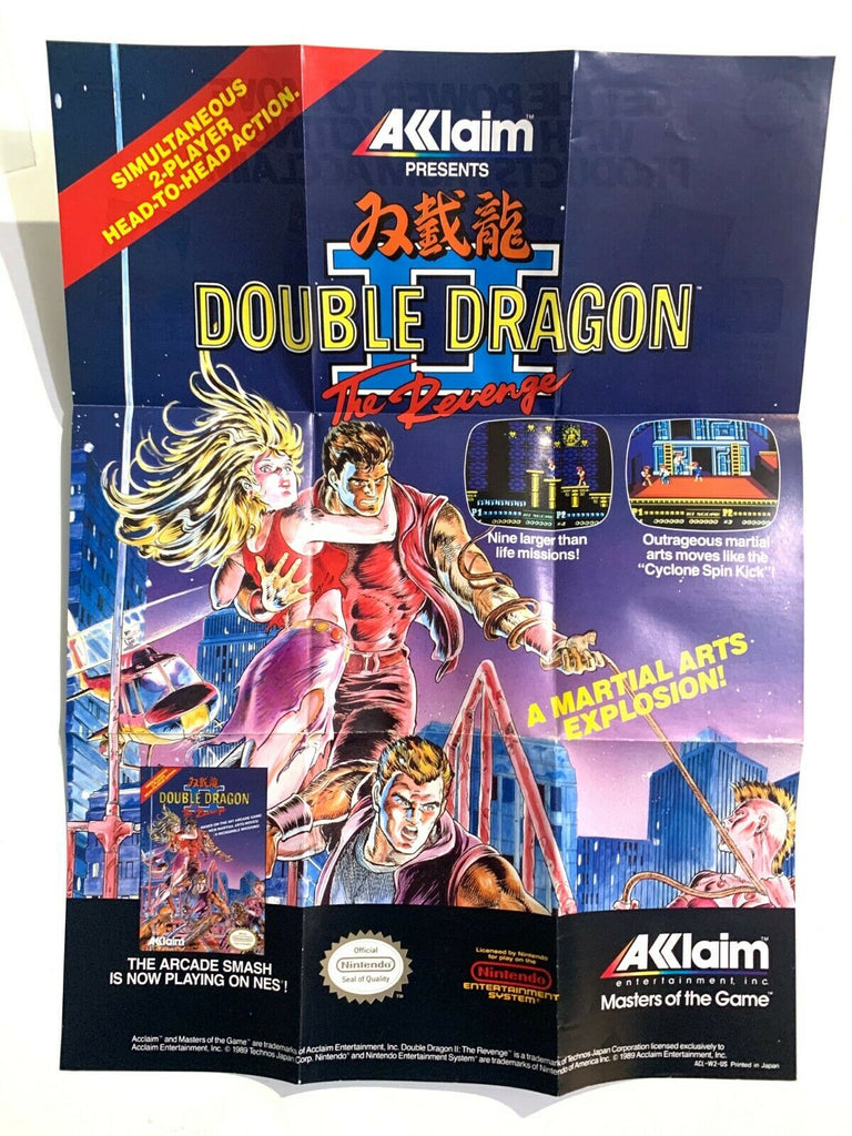 RARE! Double Dragon II The Revenge NINTENDO NES Acclaim Poster +Manual ACL-W2-US