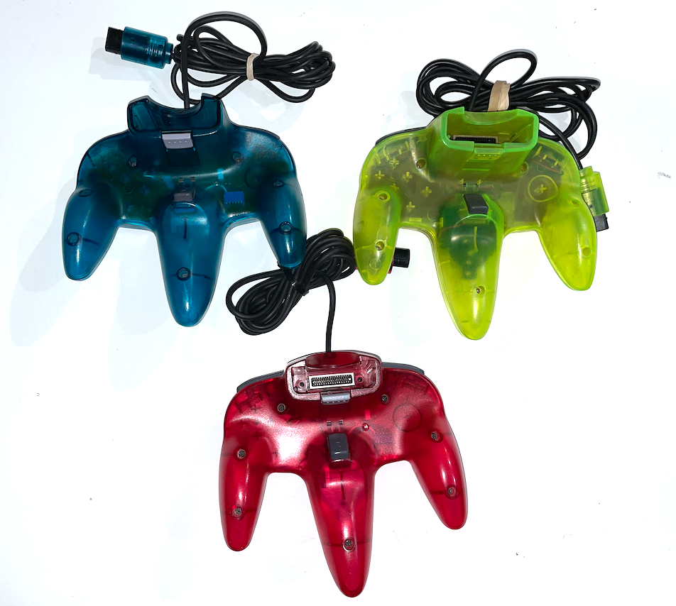 3 Nintendo 64 N64 Controllers Funtastic Blue Red & Electric Green GOOD JOYSTICKS