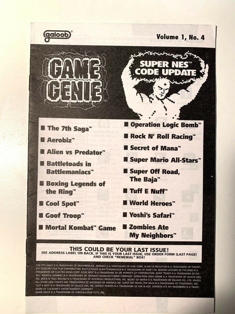 RARE Super Nintendo SNES Game Genie Code Booklet Update Vol. 1 No 4