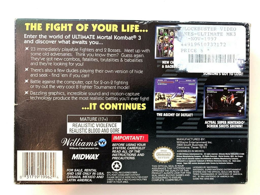 ULTIMATE MORTAL KOMBAT 3 (Super Nintendo, 1996) SNES Complete CIB AUTHENTIC
