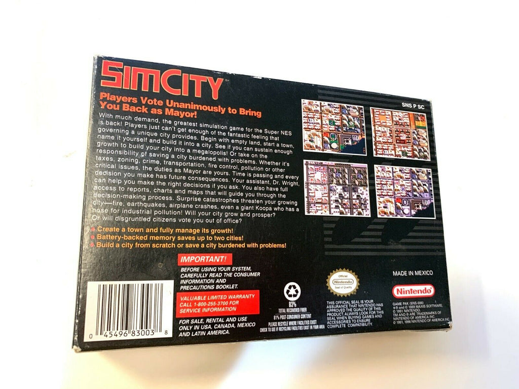 Sim City (Super Nintendo SNES, 1991) Complete CIB PLAYERS CHOICE Box/Manual